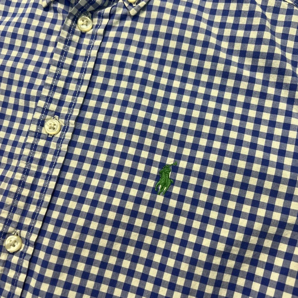 Ralph Lauren Size L 14-16 Blue & White Checked Boys Button-Down Logo Shirt